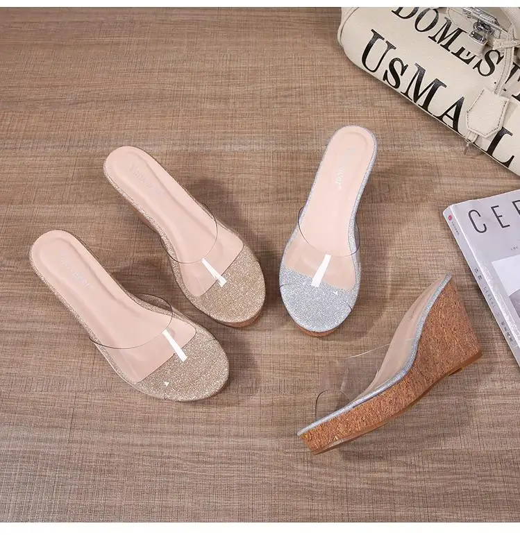 

2021 Summer New High Heel Sequins Footwear Platform Women Shoes Transparent Crystal Clear Sandals Open Toe