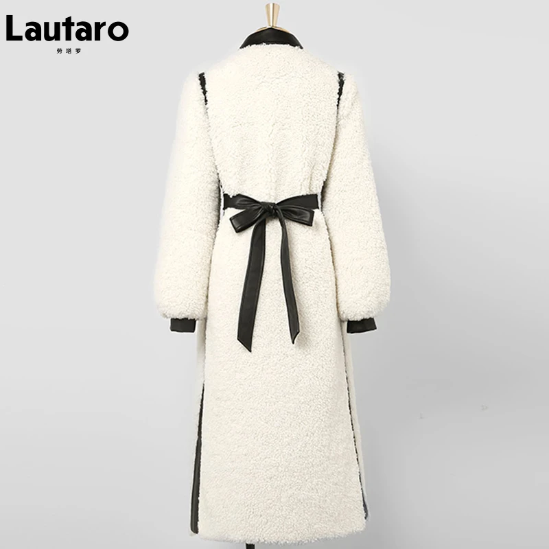 Lauraro Зимние длинные теплые пушистые кожаные шубы в стиле пэчворк из