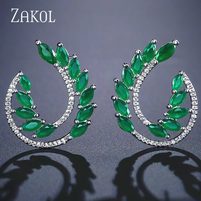 Green Модные синие серьги-гвоздики с фианитами и кристаллами ZAKOL для женщин, модные свадебные украшения в виде листьев FSEP2149 - Окраска металла: Green