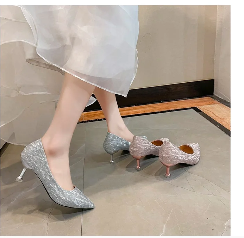 

Gold Heels 2021 Women's High-Heeled Shoes Bling Branded Pumps Sandals Ladies Slip On Pointed Wedge Lace-Up Latest Pink