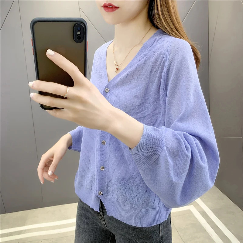 

Room 195276, no. 1 in 7 】 make pure color is prevented bask in knitting cardigan 34 thin model