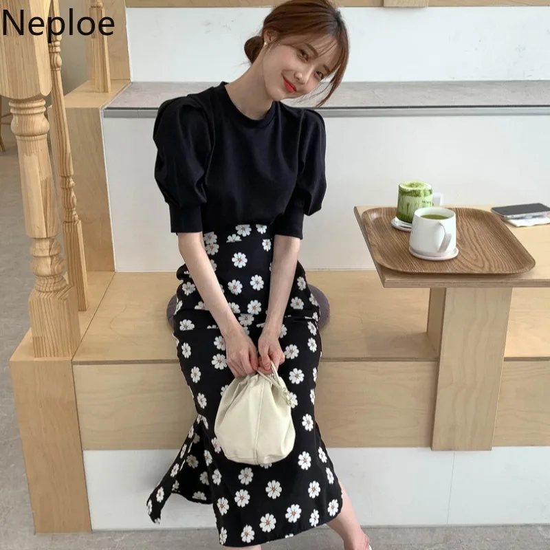 Neploe Женский комплект 2 шт. Корейская шикарный костюм трикотажные топы с пышными