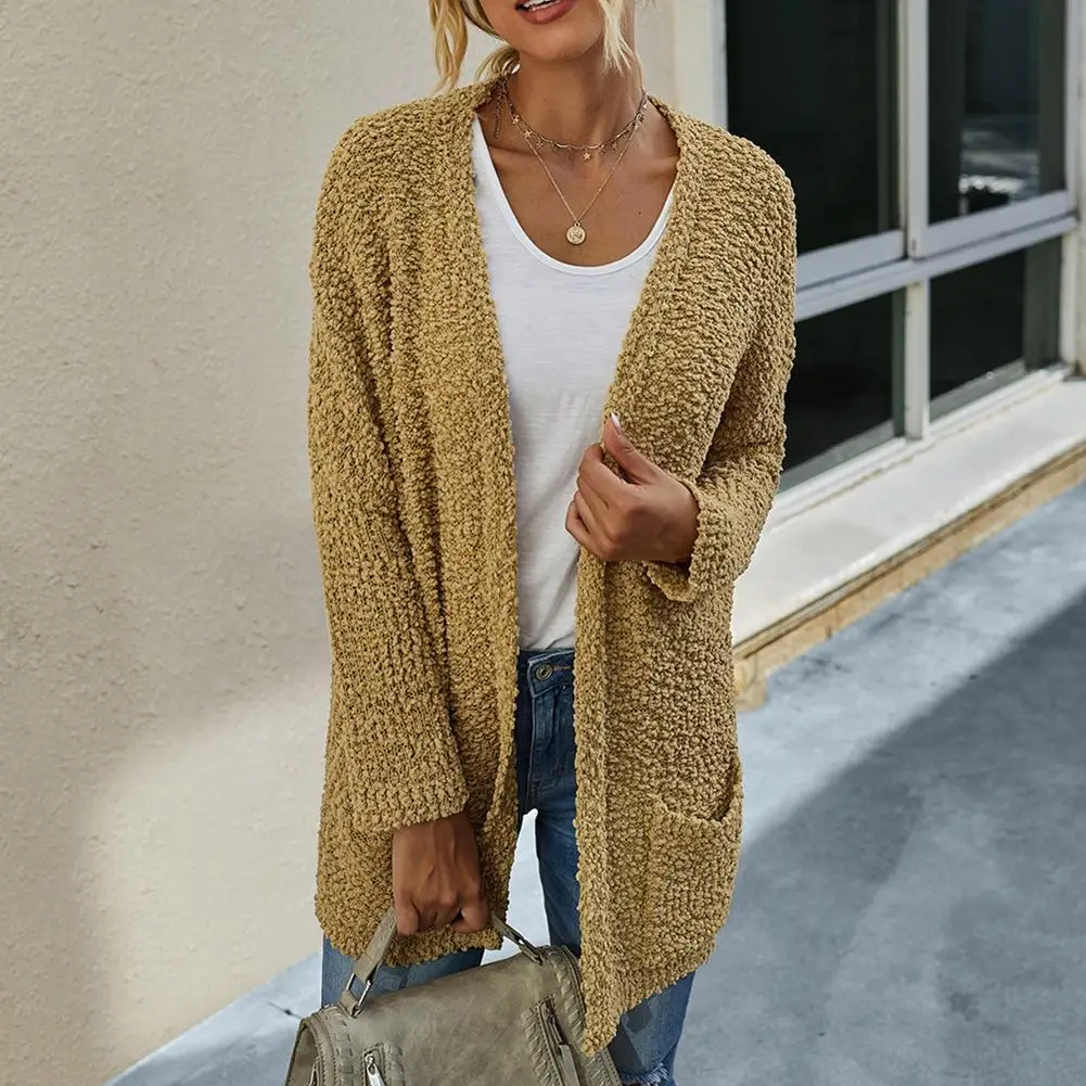 

2020 Fashion Women Solid Color Faux Fleece Pocket Long Coat Cardigan Warm Outerwear Women's Clothing свитер женский pull femme