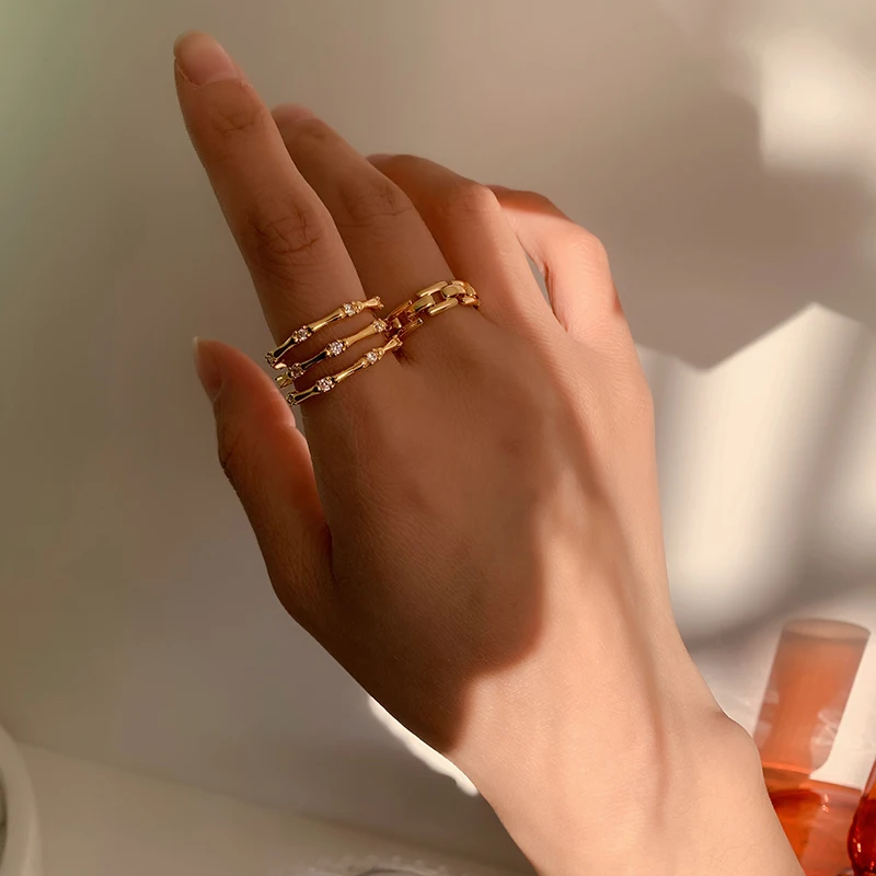 

ins tide gold-plated lucky bamboo ring female light luxury niche exquisite European and American simple fashion strap chain ring
