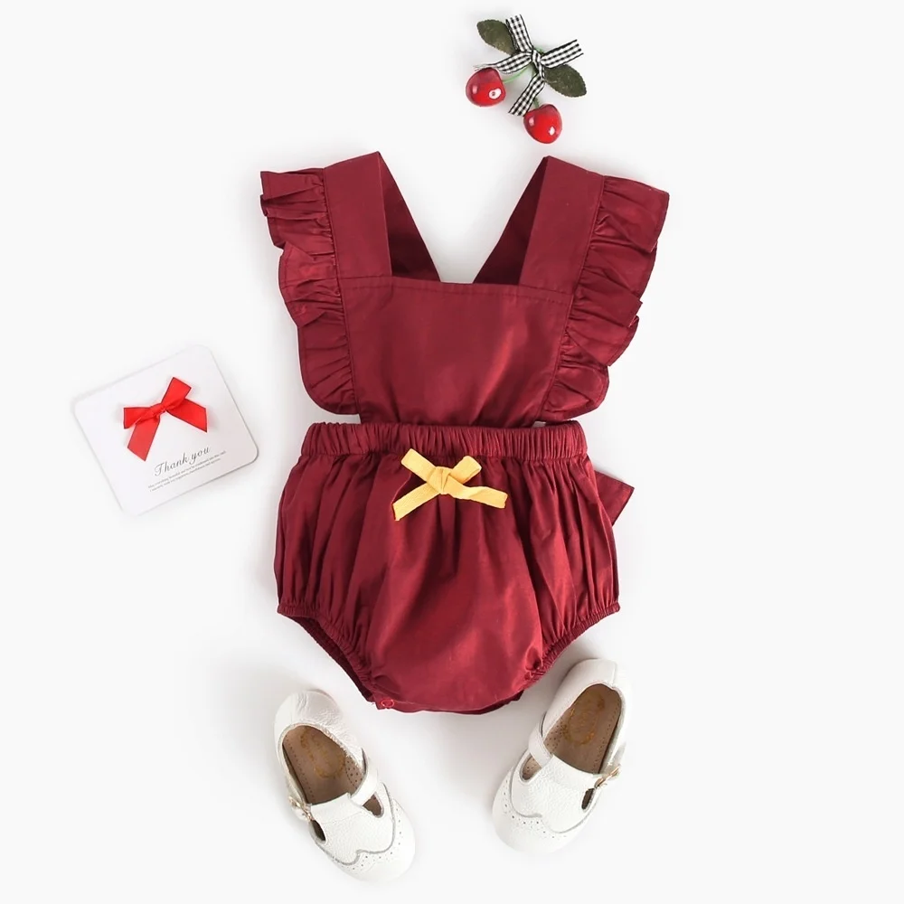 Summer Hot Selling Baby Girl Clothes Deep Red Infant Newborn Jumpsuit Baby Clothing Outfits Sunsuit Bodysuit 0-24M