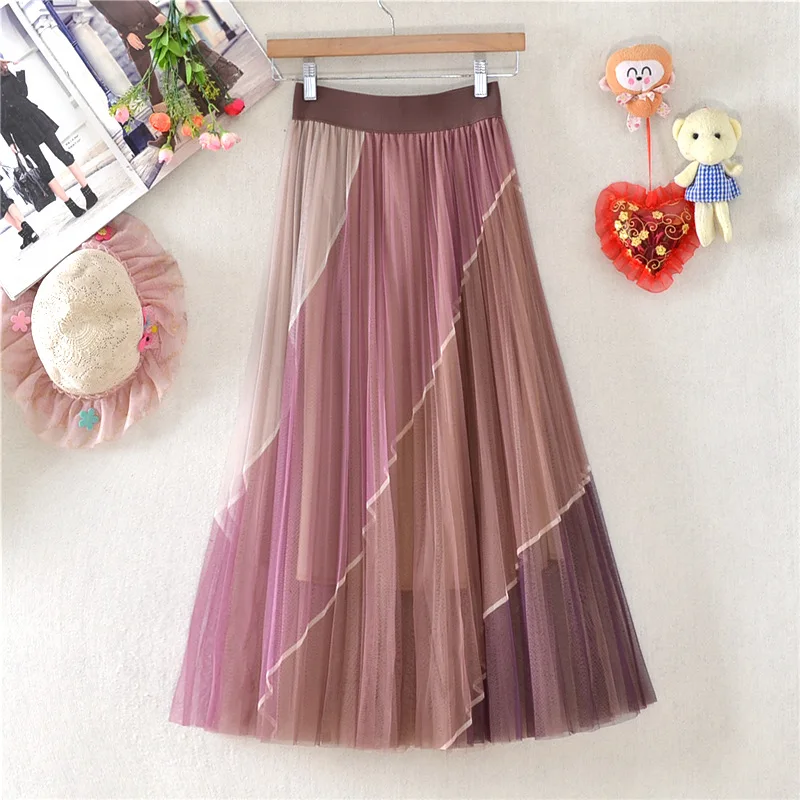 

Women Elegant Double-Layer Mesh Midi Skirts 2021 Fashion Ladies Streetwear High Waist Tulle Pleated Skirt DS229