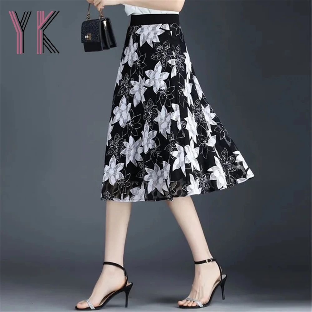 

Flower Embroidery Lace Mesh Lined Midi Skirt Elastic High Waist Elegant A-Line Mom Skirt Summer Korean Women Clothing Tulle Jupe