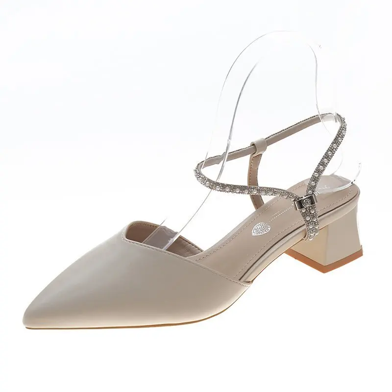 

2021 Summer Shallow Mouth Block Heels High Sandals Female Womens Shoes Buckle Strap Med Chunky High-heeled Rhinestone Girls Bei