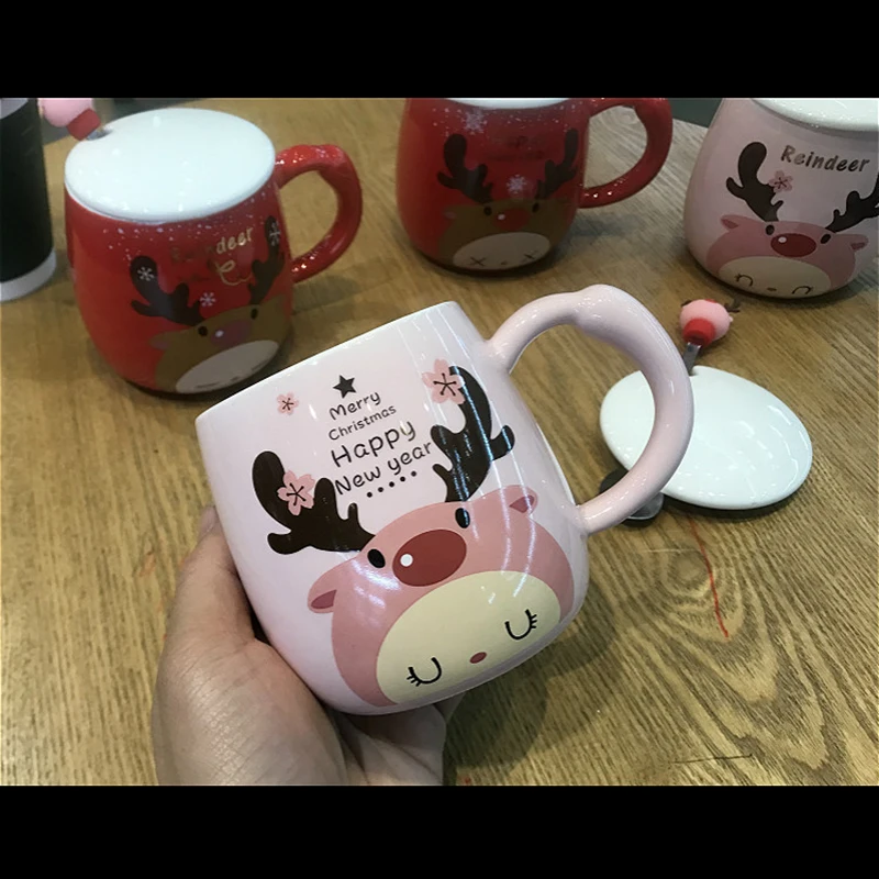 

350ml Christmas Elk Mugs Exquisite Ceramic Coffee Mug With Lid Spoonï¼ŒChristmas Gifts Couple Mugs For Girls/Boys Friends