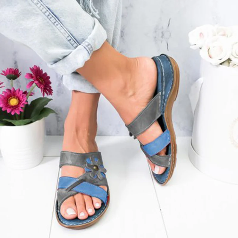 

Woman Shoes Vintage PU Women's Slippers Mixted Color Casual Wedge Ladies Slides Flower Comfort Open Toe Female Shoes Summer Hot