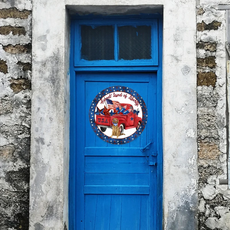 

Welcome Sign Wreath for Front Door Independence Day Handcrafted Wooden Door Ornaments Patriotic Welcome Sign Wreath TS1