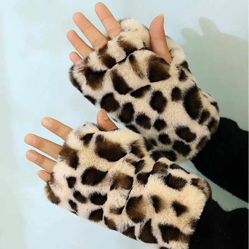перчатки без пальцев перчатки лапки митенки женские женские перчатки Перчатки без пальцев, зимние женские теплые бархатные перчатки с леоп...