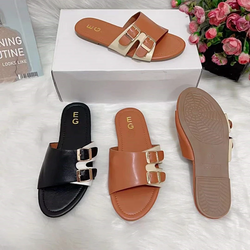 

2021 summer new style fashion casual solid color open toe belt buckle decoration outdoor flat bottom female slippers