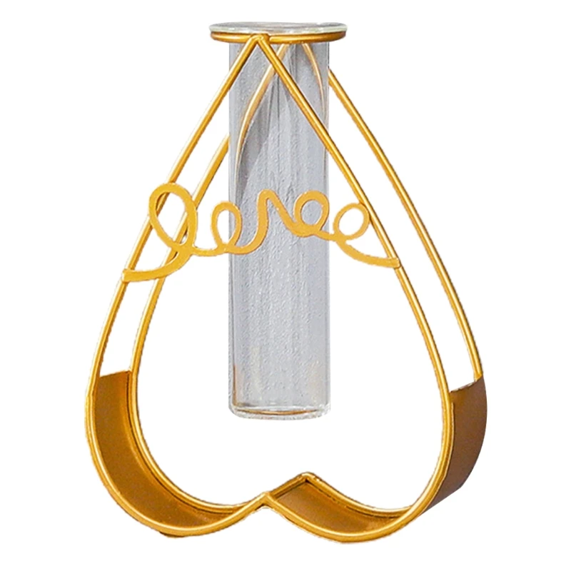 

Glass Flower Vase with Geometric Golden Metal Rack Stand Wall Mounted Crystal Transparent Test Tube Planter Holder Plant H051