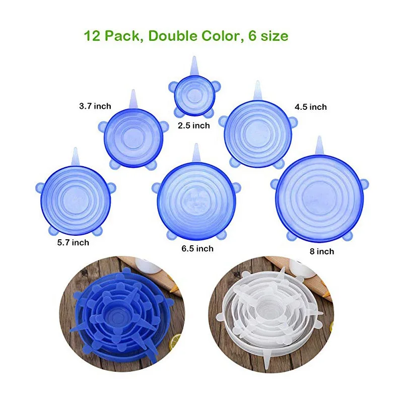 Многоразовые силиконовые растягивающиеся крышки упаковка из 12 крышек различные
