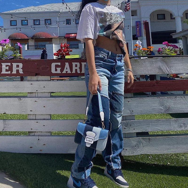 

Fashion Casual Women Jeans Patchwork High Waist Straight Pant Streetwear Fall Bottoms Lady Slim Denim Trousers Ladies New