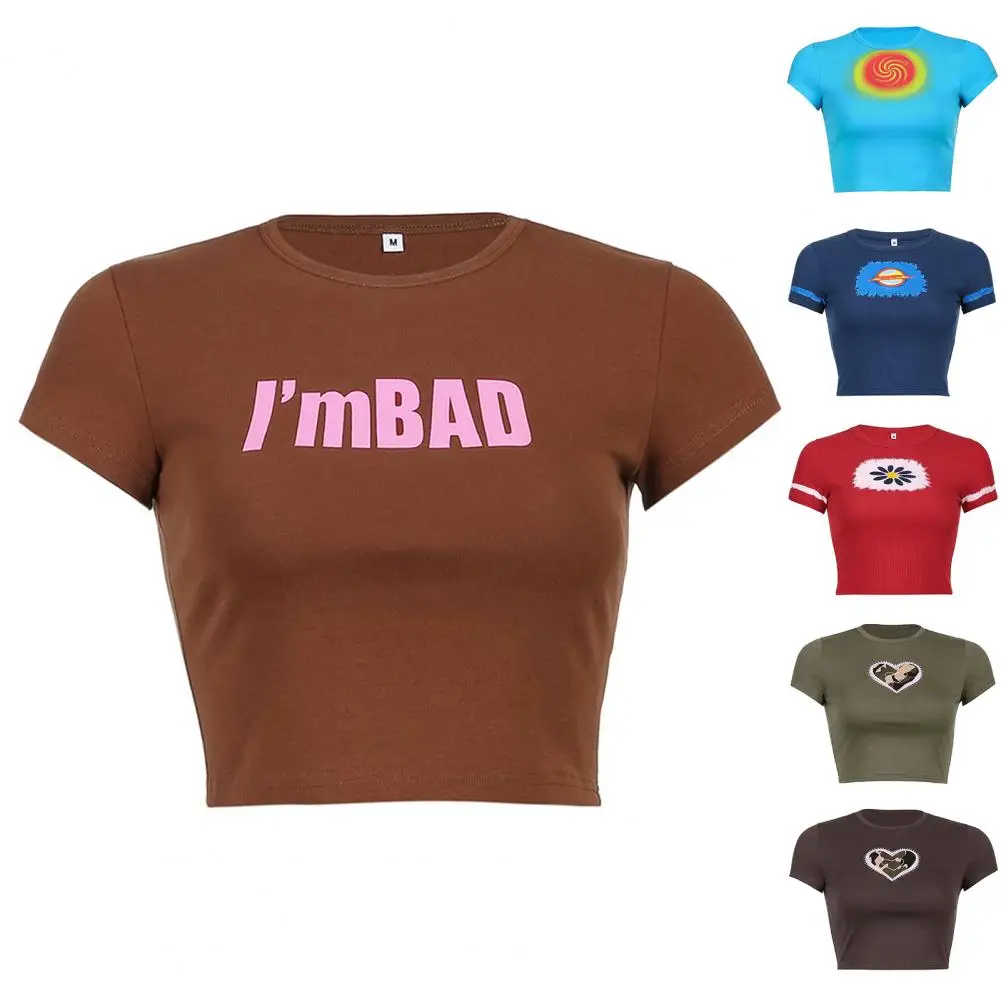 

Stylish All-match Tie Dye Short Sleeves O-neck Crop Top Women T-shirt Streetwear