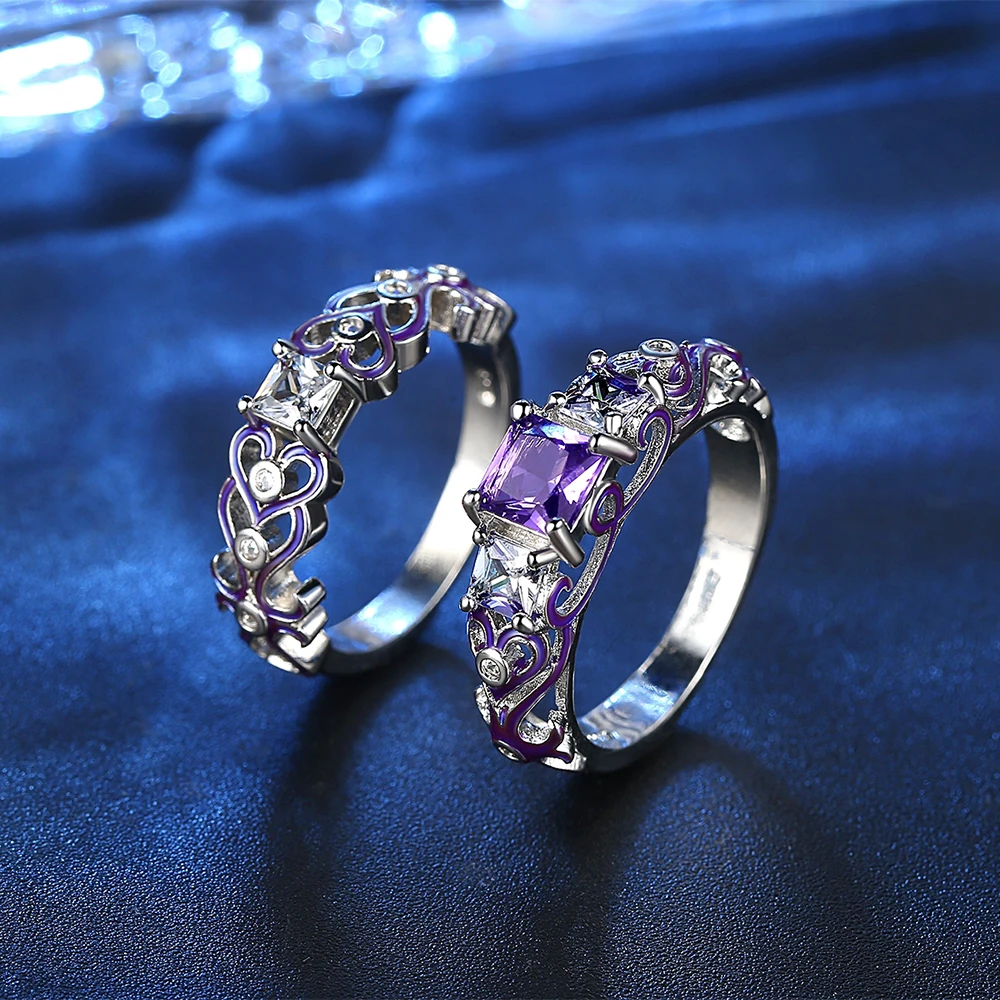 Женское кольцо с аметистом комплект из 2 предметов фиолетовым бриллиантом модный