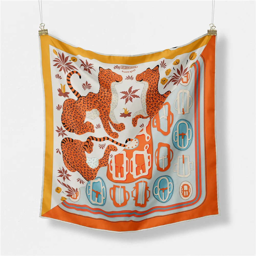 

53CM Scarf Women 2021 Leopard Puzzle Luxury Brand Twill Silk Hair Scarf Small Square Neckerchief Hijab Fashion Women's Bandana