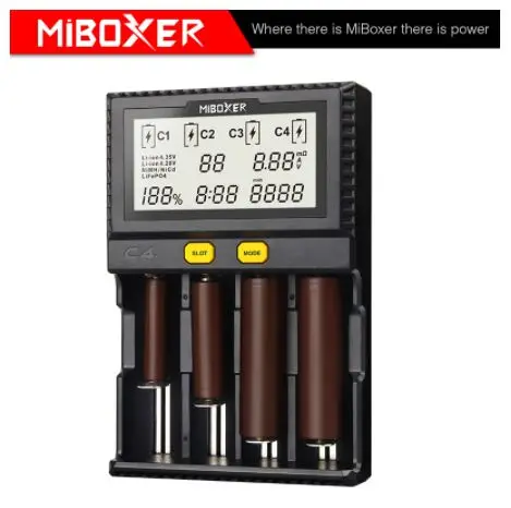 

Умное зарядное устройство Miboxer C4, ЖК-дисплей, для литий-ионных, IMR, ICR, LiFePO4 аккумуляторов 18650, 14500, 26650, 21700, AAA, 100-800 мАч, а