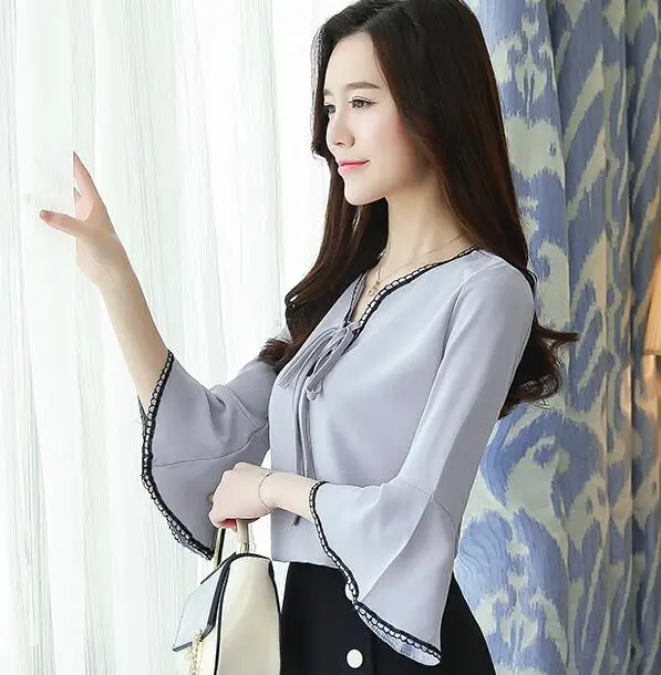 

Lace stitching women tops elegant female bow chiffon shirt elegant female chiffon blouse