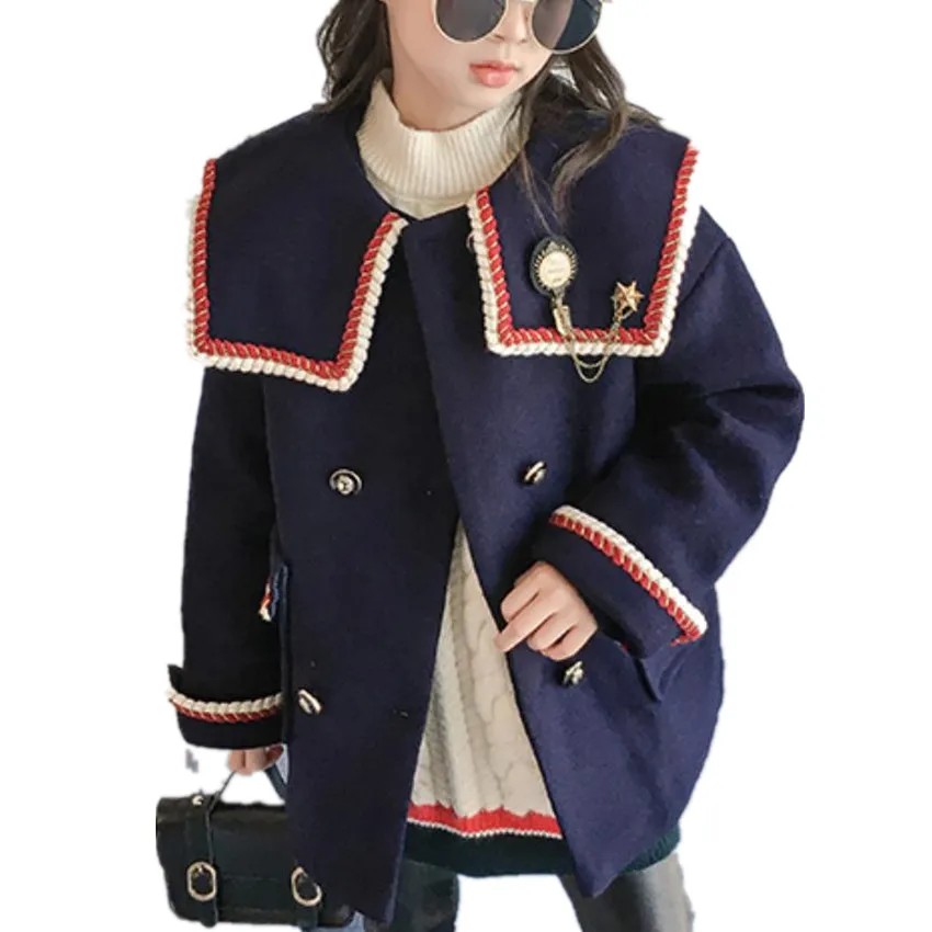 Винтажное шерстяное пальто с матросским воротником для маленьких девочек