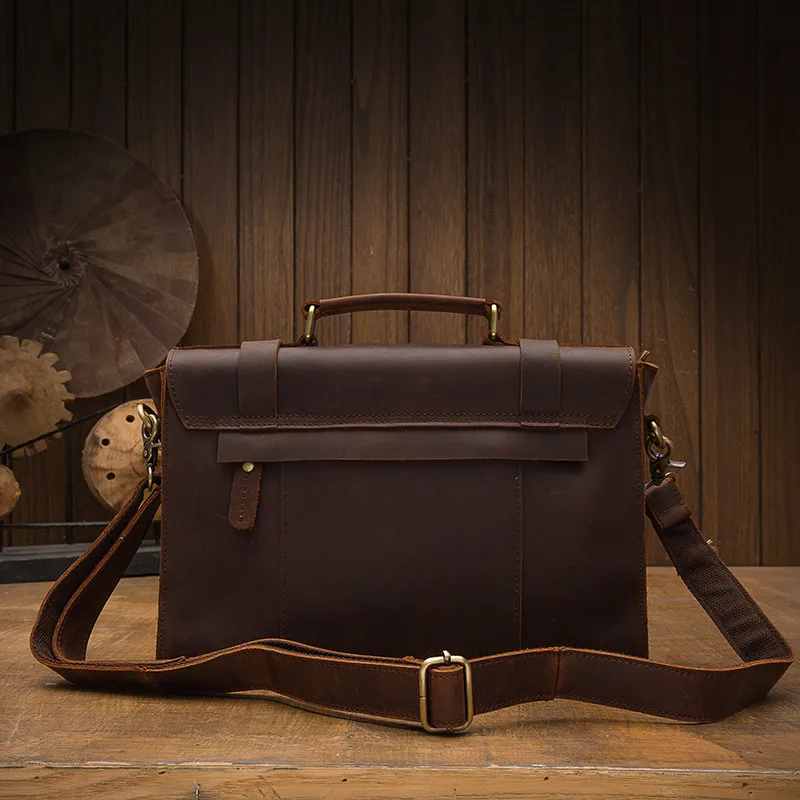 Vintage crazy horse cowhide men's briefcase business casual high-quality natural genuine leather laptop shoulder messenger bag