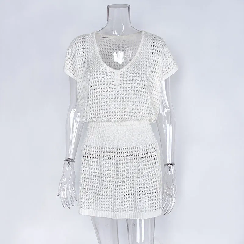 

Spring and summer beach blouse knitted bikini sunscreen shirt loose solid color hollow skirt coverup swimwear swimsuit cover up