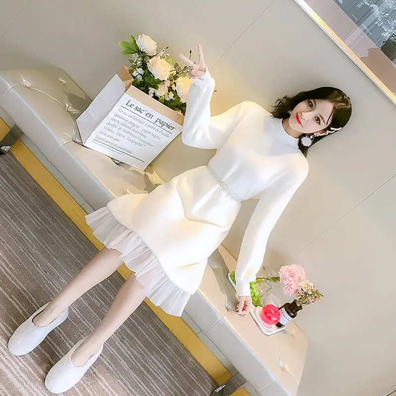 

Suofun Casual Plush 2021 White Sweet Autumn O-Neck Women's New Korean Style Loose Student Straight Lady Size Fairy Pring Dress