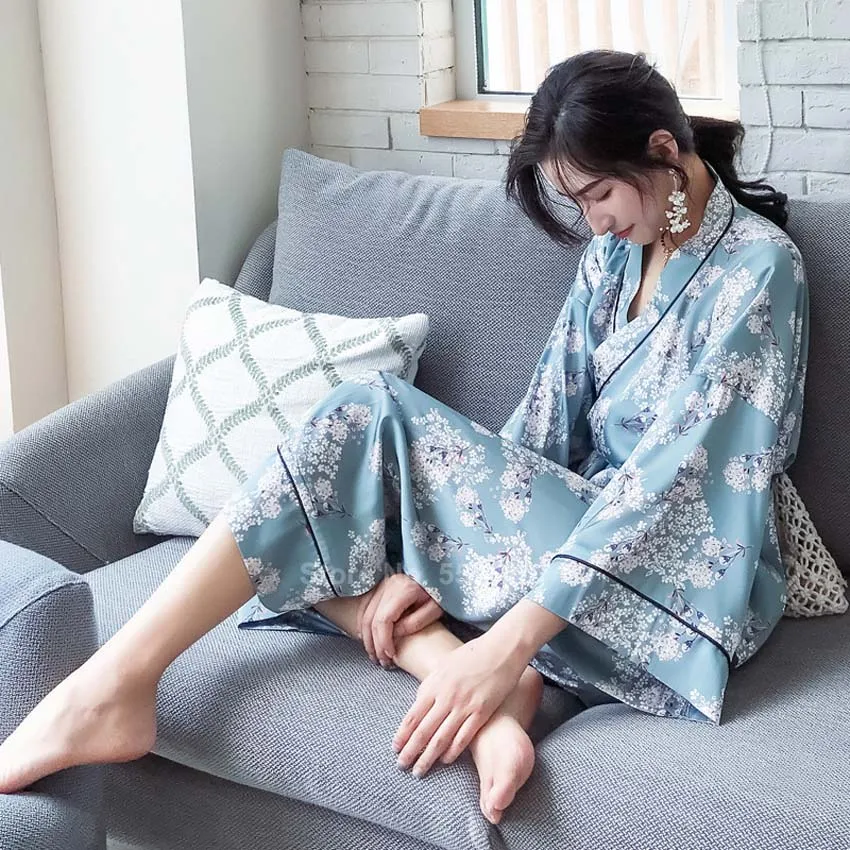 Пижамный комплект женский с V образным вырезом юката в японском стиле цветочным