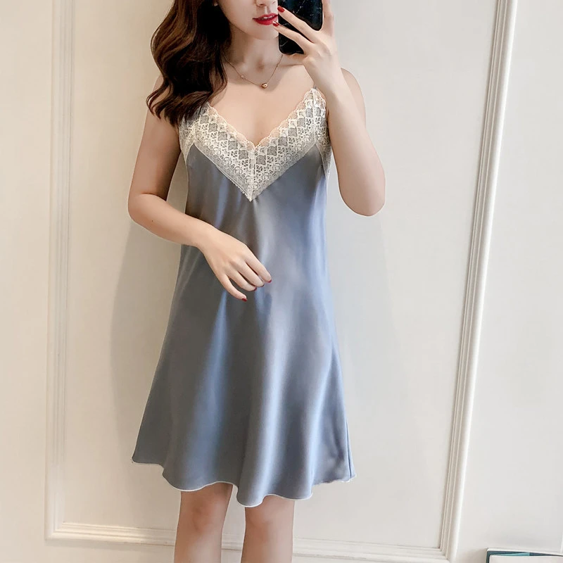 

Sexy Lingerie Sleepwear Women Homewear rayon Soft Nightgown Sleepdress silver Nightdress pure color Sling Lace koszula nocna