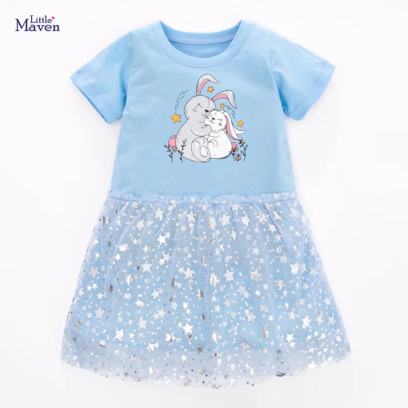 

Little Maven/2021 г.; Летняя одежда для маленьких девочек; Хлопковые вечерние платья принцессы с принтом в виде Банни и звезд; Светильник из тюля; Син...