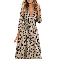 40 dropshippingwomen dress solid color all match loose hem leopard print lady dress for work