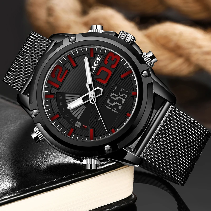 LIGE аналоговые цифровые мужские часы Топ люксовый бренд из нержавеющей стали