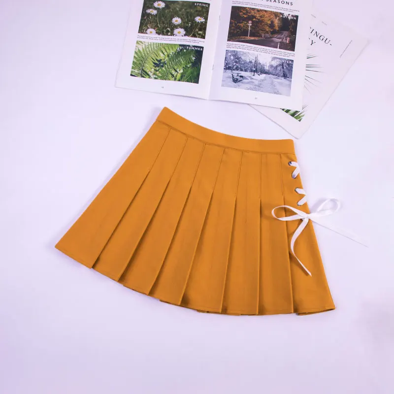 Yellow Новинка, женский летний однотонный черный костюм, ткань, плиссированная юбка, школьные узоры, консервативный милый стиль, юбка, большой размер, S-2XL, Корейская юбка - Цвет: Yellow