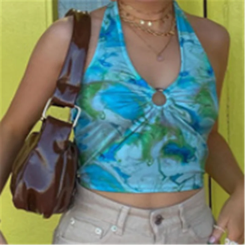 

2021 Fashion Trend Women Halter Crop Tank Tops Sexy Sleeveless Tie-Dye Print Ruched Ring Front Slim Fit Camisole Summer Sun-Tops