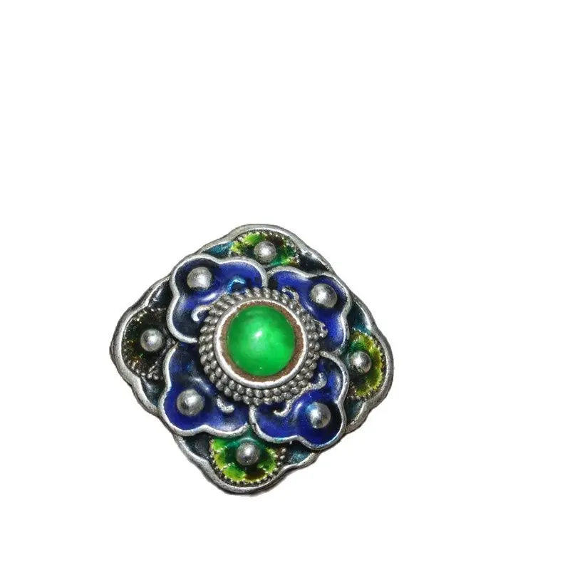 

Early collection of silver Cloisonne inlaid emerald Square Flower Ring