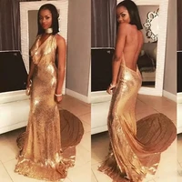 gold evening dress mermaid sparkling sequins sexy backless halter neck club party prom gown custom made robe de mari%c3%a9e