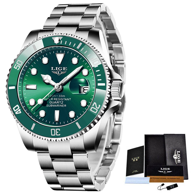 LIGE Brand Luxury Men Sport Watches Green Waterproof Stainless Steel Wrist Watch Man Clock Fashion Wristwatch Relogio Masculino