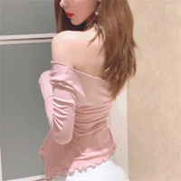 2021 spring and autumn new pure desire girlfriend wind show figure careful machine sexy lace t shirt ins open shoulder cross ope