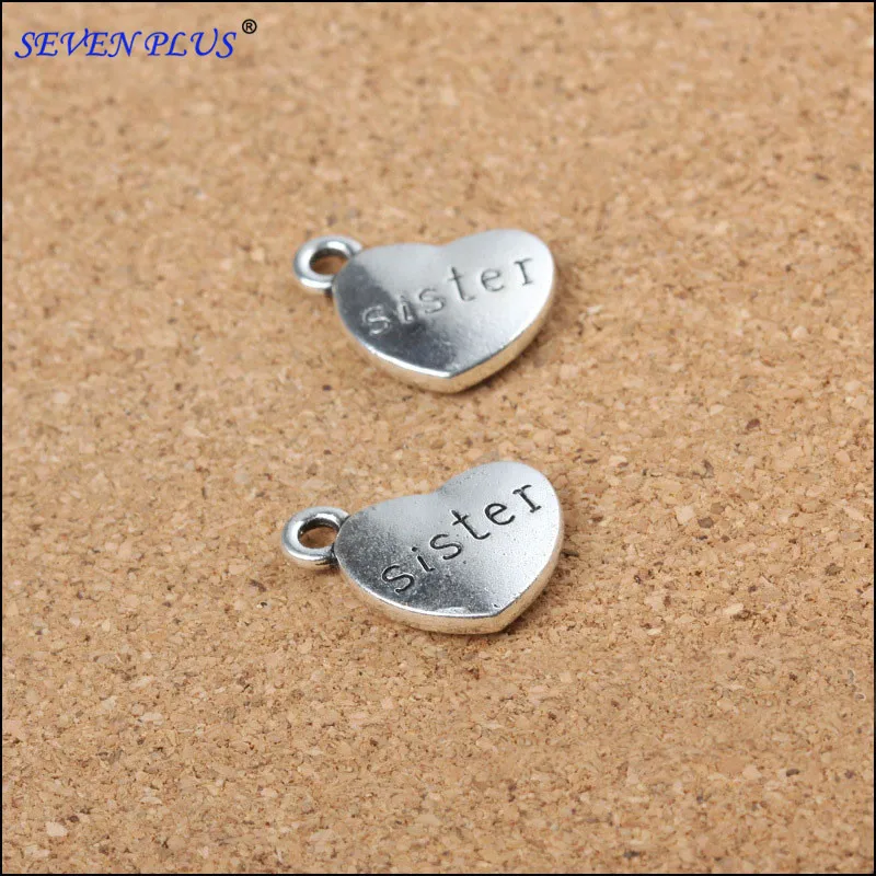 

High Quality 10 Pieces/Lot 14mm*18mm Antique Silver Plated Letter Printed Heart Sister Charms