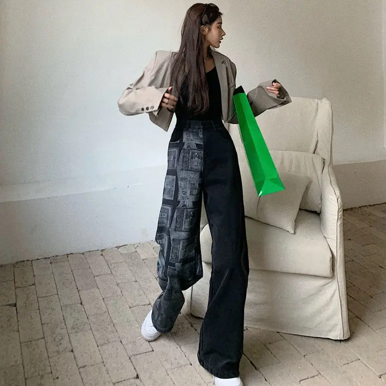 

Women Patchwork Jeans Vintage Cotton Low Full Length Wide Leg Pants LOOSE Street Style Euro-America Style Pants Women Mori Girl