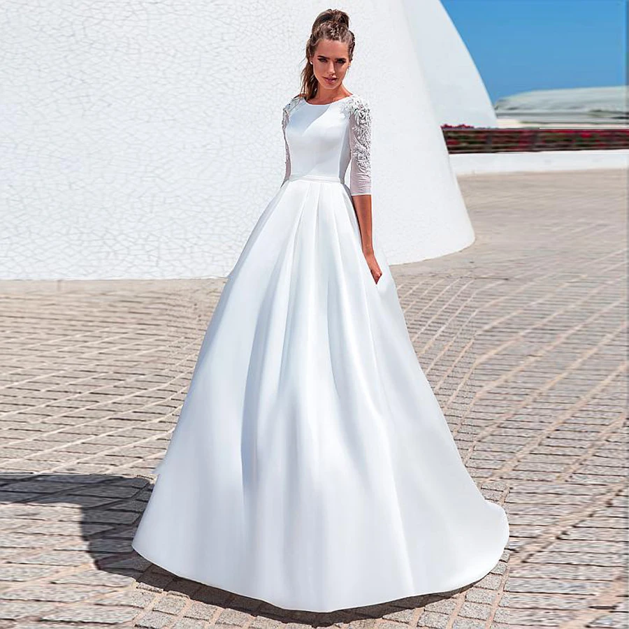 

O-Neck 3/4 Sleeves Beading Applique Satin A-Line Wedding Dress With Pleat Belt Sweep Train Lace-up Bridal Gown Vestido De Noiva