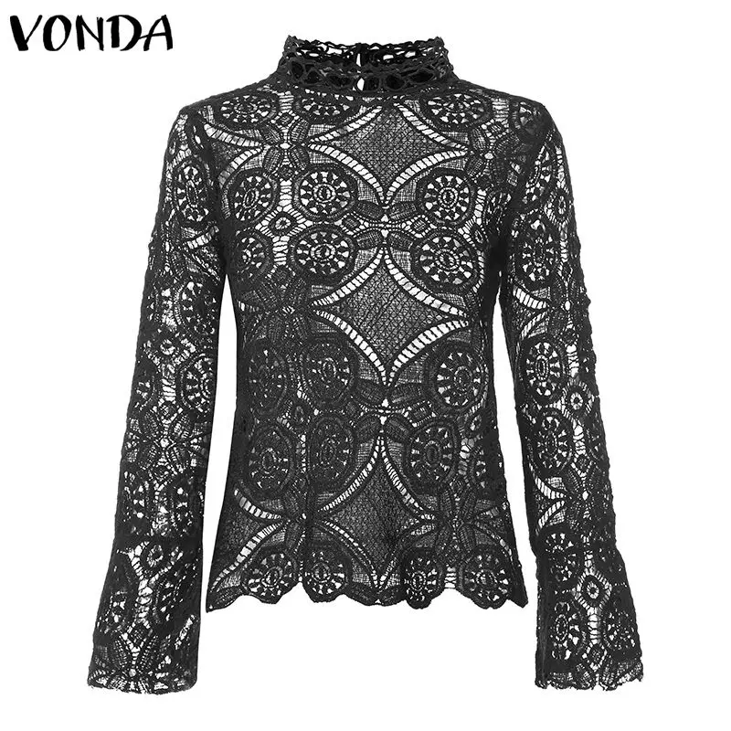 Кружевные белые блузки VONDA 2020 сексуальные повседневные рубашки с круглым вырезом
