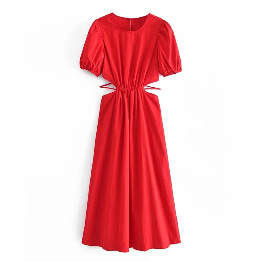 

2021 Summer women Elastic waist backless Dresses Fashion Party Middle length red Vestido Hollow Out Slim Short Sleeve Midi Dress