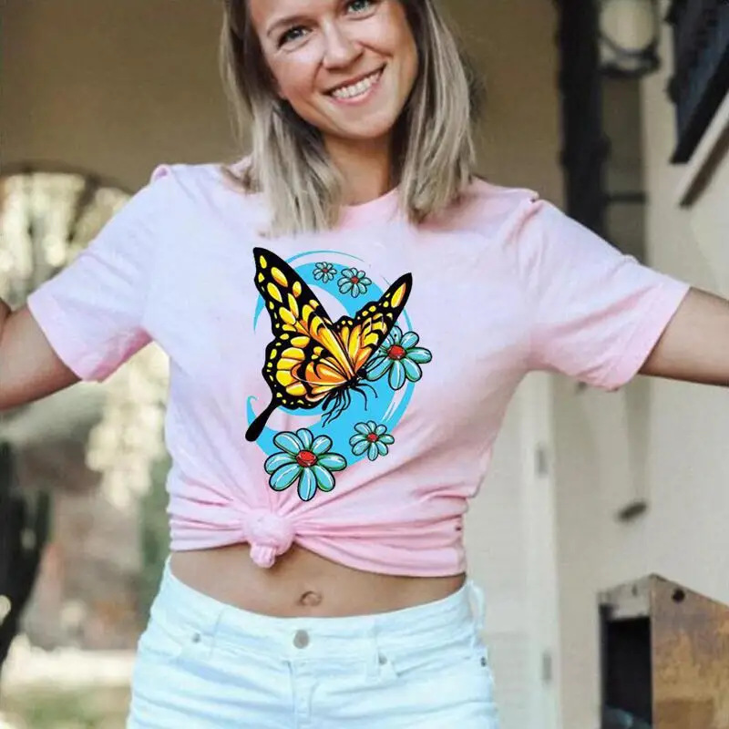 

Хлопковая Повседневная футболка, женские топы, летняя забавная футболка, женская модная футболка с бабочками в стиле Харадзюку, футболка, ж...