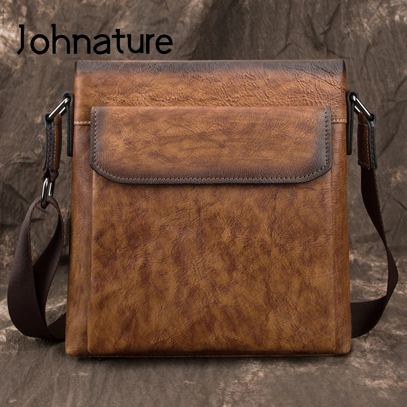 Johnature 2022 New Retro First Layer Cow Leather Men Bag Business Solid Color Shoulder & Crossbody Bags Casual Man Messenger Bag