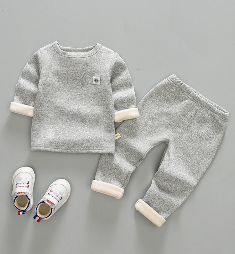 light grey Осенне-зимняя Вельветовая одежда с длинными рукавами для мальчиков; комплект теплого нижнего белья однотонного цвета; зимняя одежда для маленьких мальчиков - Цвет: light grey