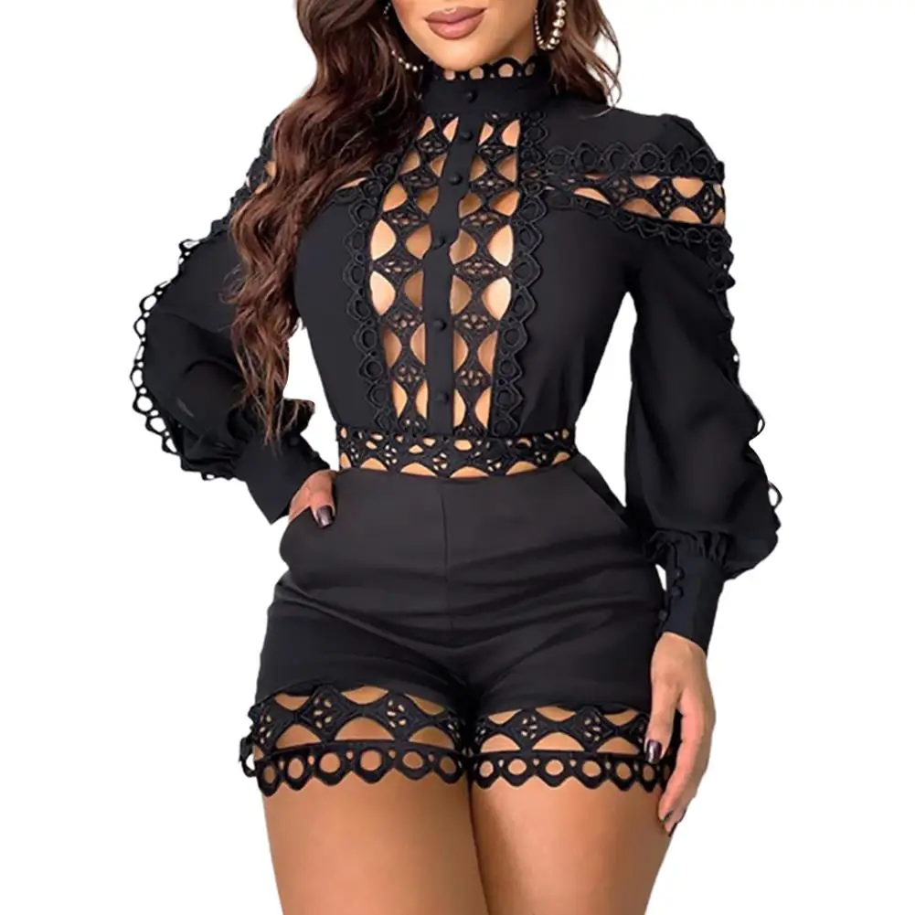 

Women Sexy Off Shoulder/Mock Neck Hollow Out Lace Patchwork Jumpsuit Playsuit