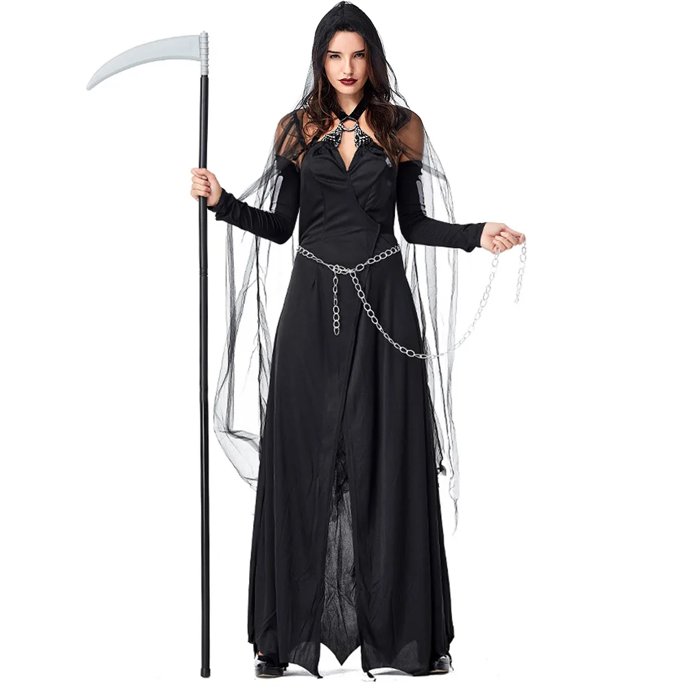 Черный готический Мрачный Жнец женские костюмы ведьм на Хеллоуин женский костюм